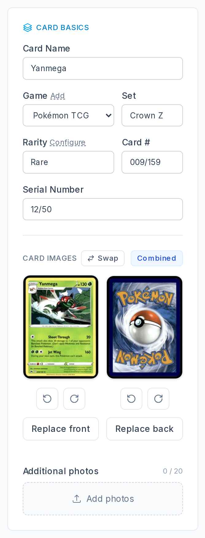 The Card Basics panel on the CardLuma card edit screen for a Pokémon TCG Yanmega card, with game, set, rarity, card number 009/159 and the Serial Number field filled in as 12/50