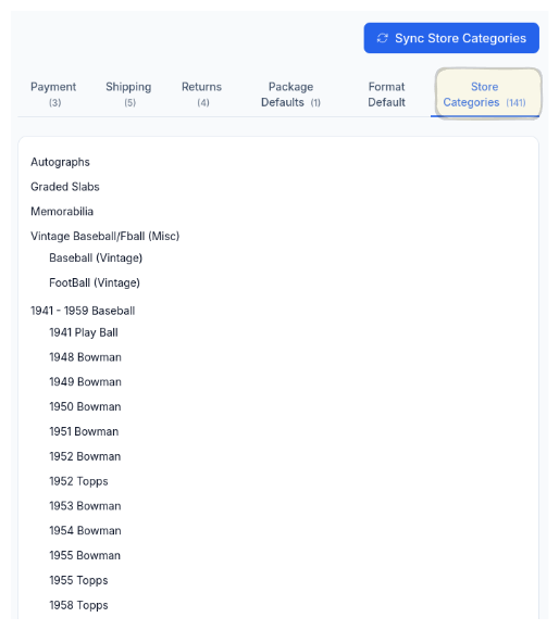 CardLuma store categories panel showing 141 synced eBay store categories organized by type including Autographs, Graded Slabs, Memorabilia, and vintage year ranges