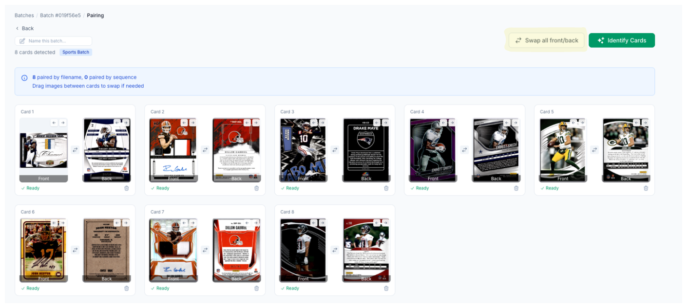 The CardLuma pairing screen for a batch of 8 sports cards, each showing a paired front and back image, with the Swap all front/back button highlighted at the top next to Identify Cards