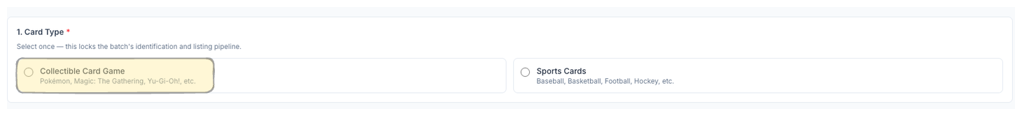 CardLuma new batch Card Type selector showing Collectible Card Game and Sports Cards options