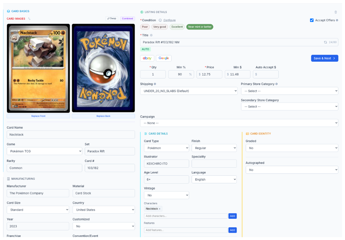 CardLuma card edit UI for a Pok&eacute;mon TCG Nachstack card from Paradox Rift, showing game, set, rarity, card number, manufacturer, illustrator, specialty, age level, language, and graded fields populated automatically
